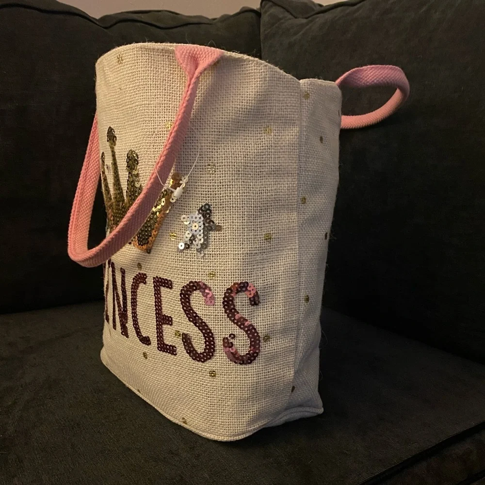 Sequined Princess Canvas Tote Bag | Pink & Gold Bling Shoulder Bag | Beach Tote
